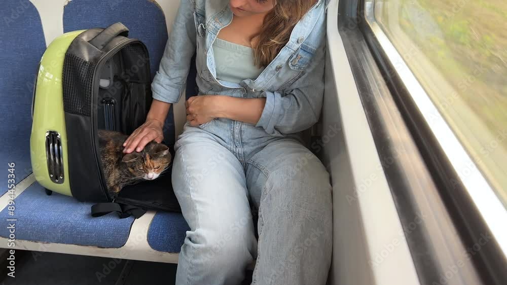 Domestic cat traveling on train for first time, nervous and stressed sitting in an open backpack carrier. Female owner calms and supports cat by stroking its snout face. Travelling and moving with pet Domestic cat traveling on train for first time, nervous and stressed sitting in an open backpack carrier. Female owner calms and supports cat by stroking its snout face. Travelling and moving with pet