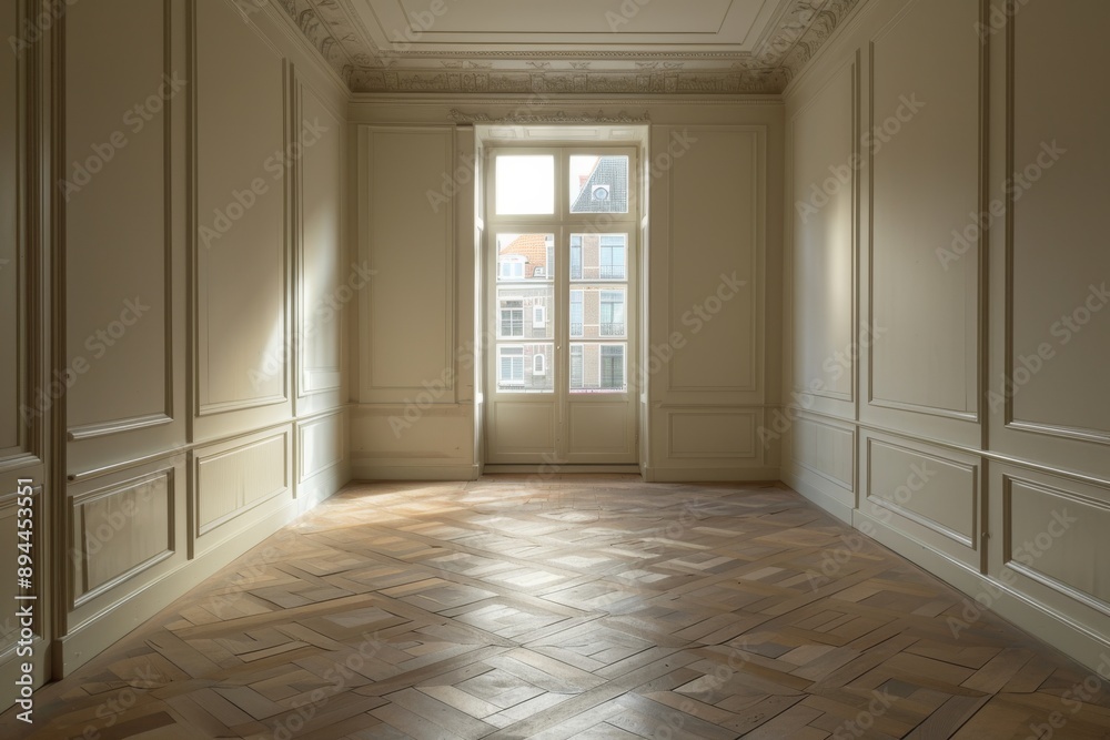 Classic interior of empty room with parquet floor. Classic interior of empty room with parquet floor.