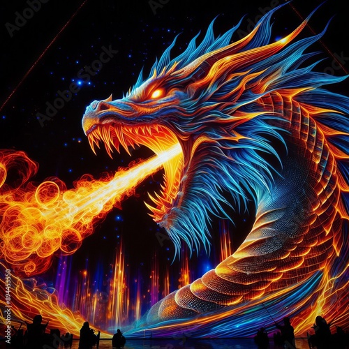 31 6. A holographic representation of a roaring dragon, with fie photo