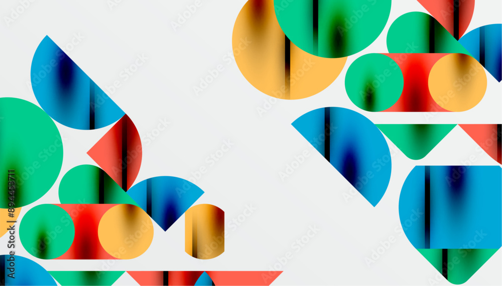Color beautiful circles, semi circles, squares and round triangles. Geometric mosaic style pattern abstract background for wallpaper, banner, backdrop, card, book Illustration, landing page Color beautiful circles, semi circles, squares and round triangles. Geometric mosaic style pattern abstract background for wallpaper, banner, backdrop, card, book Illustration, landing page