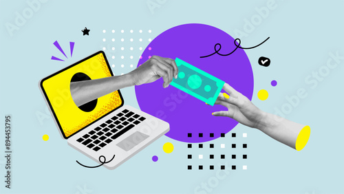 Creative contemporary collage artwork. Poster sketch of money payment for subscription inside notbook isolated on blue background. Vector illustartion