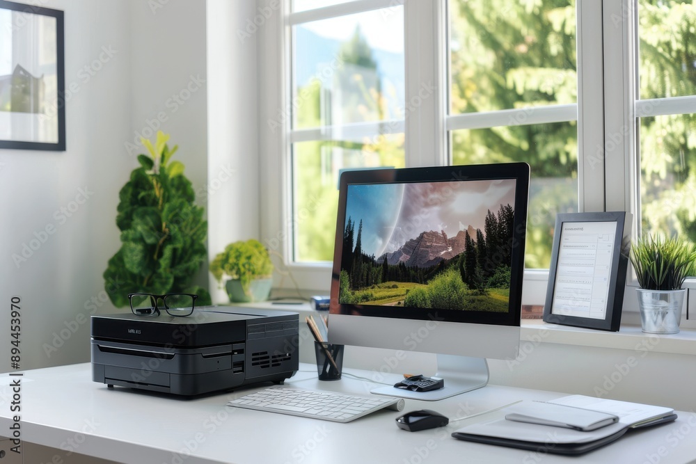 A computer desk with a monitor, keyboard, mouse, and a printer. The monitor is displaying a picture of a mountain range
