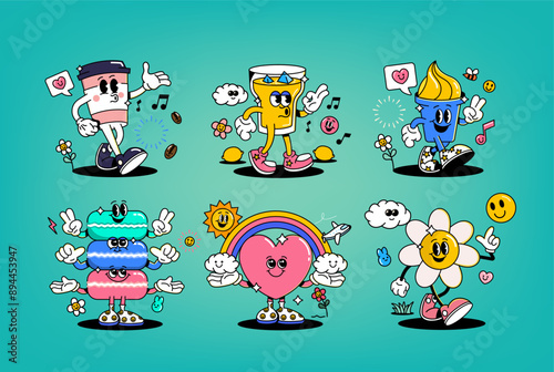 Funny cartoon characters on various topics. Can be used as Sticker, posters, prints. The comic elements in trendy retro cartoon style. Vector illustration