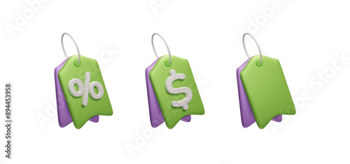 Special promo price tags 3D vector render icon set. Different 3D price tags: dollar sign price label, discount sale banner, empty gift tag isolated on white. Gift voucher, cash back coupon collection.