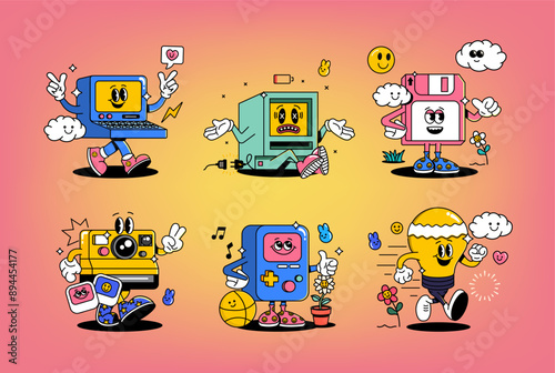 Funny cartoon characters on various topics. Can be used as Sticker, posters, prints. The comic elements in trendy retro cartoon style. Vector illustration