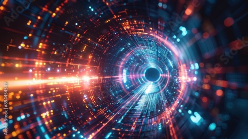 A colorful  glowing tunnel with a bright orange light at the end. The tunnel is filled with bright colors and patterns  creating a sense of movement and energy