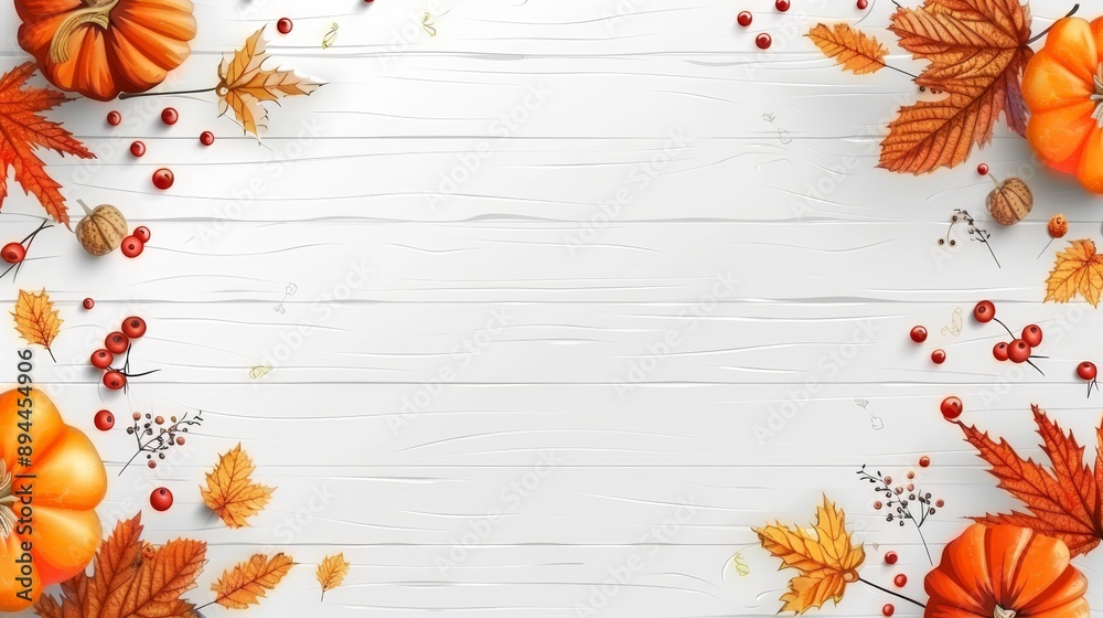Obraz premium Fall harvest display pumpkins, leaves, rowan berries on white wooden background with copy space