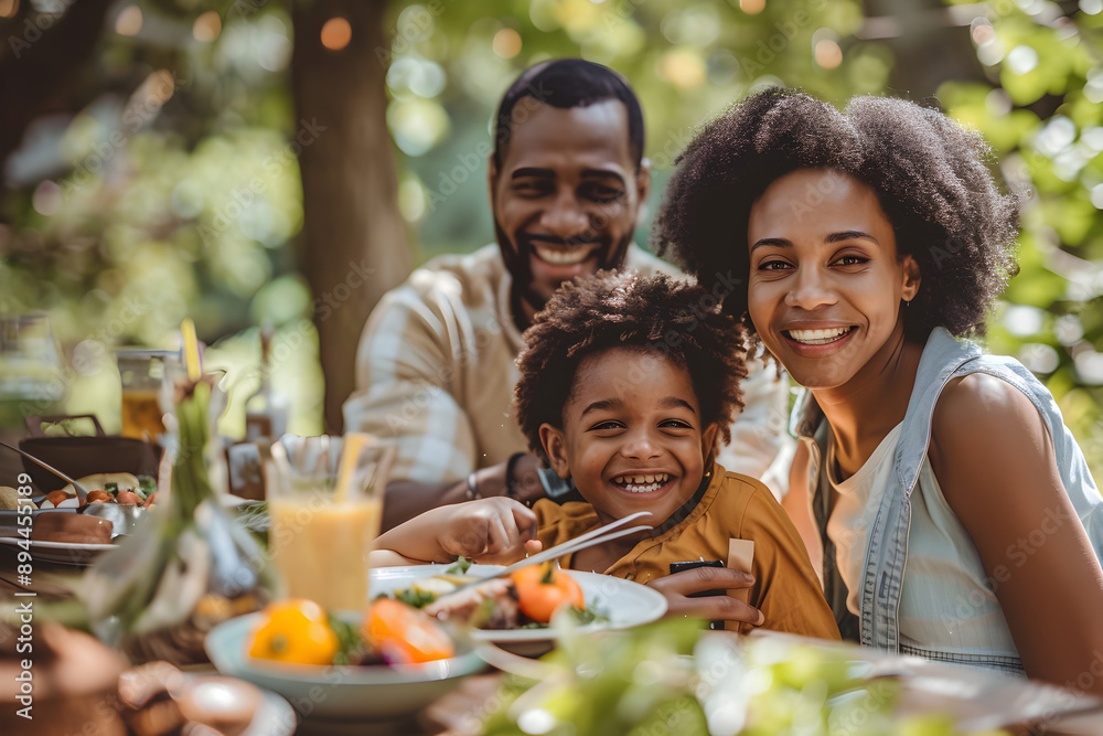Portrait of a happy, interracial family enjoying a meal together outdoors.


