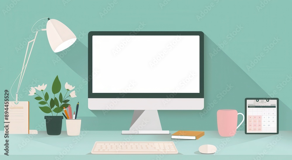 A computer desk with a monitor, keyboard, mouse, and a calendar. The desk is well organized and has a potted plant on it. Scene is that of a productive workspace A computer desk with a monitor, keyboard, mouse, and a calendar. The desk is well organized and has a potted plant on it. Scene is that of a productive workspace