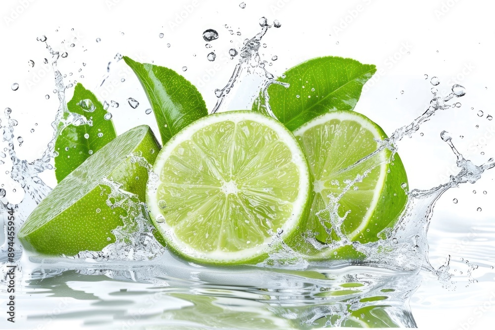 Cutted lime with leaves in water splashes isolated on white background. Cutted lime with leaves in water splashes isolated on white background.