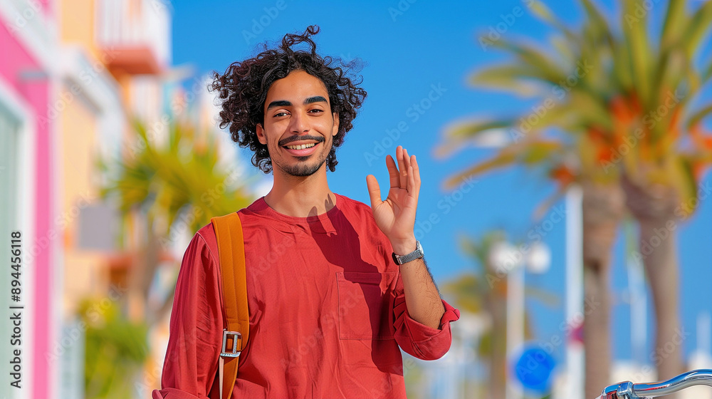 Smiling person waving on travel in colorful summer landscape. Cheerful individual with curly hair enjoying a sunny day by palm trees and vibrant buildings Smiling person waving on travel in colorful summer landscape. Cheerful individual with curly hair enjoying a sunny day by palm trees and vibrant buildings
