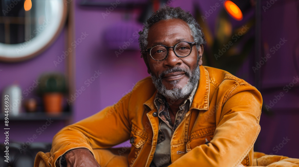 Portrait of a stylish adult man in bright clothes sitting on an ottoman in a stylish room. Retirement, style and fashion concept.