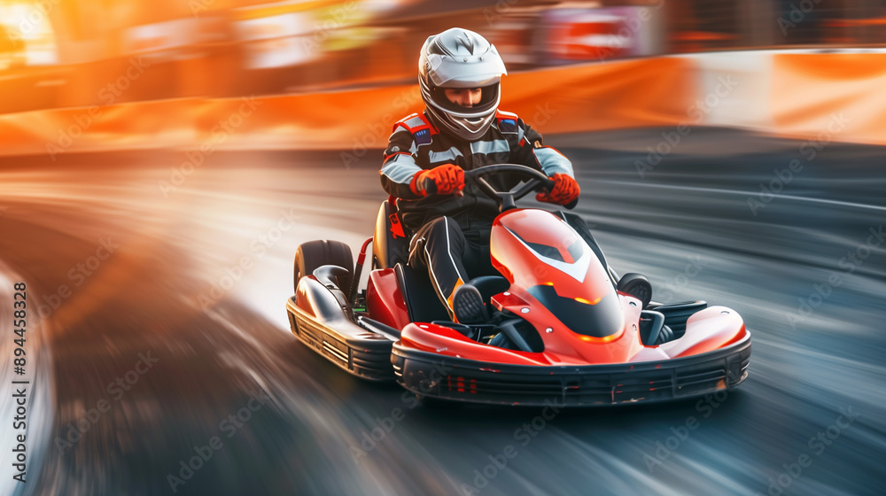 Professional racer driving go-kart at high speed on a racetrack with motion blur effect. Motorsport, go-kart racing, speed competition, automotive sports, adrenaline, outdoor activities. Professional racer driving go-kart at high speed on a racetrack with motion blur effect. Motorsport, go-kart racing, speed competition, automotive sports, adrenaline, outdoor activities.