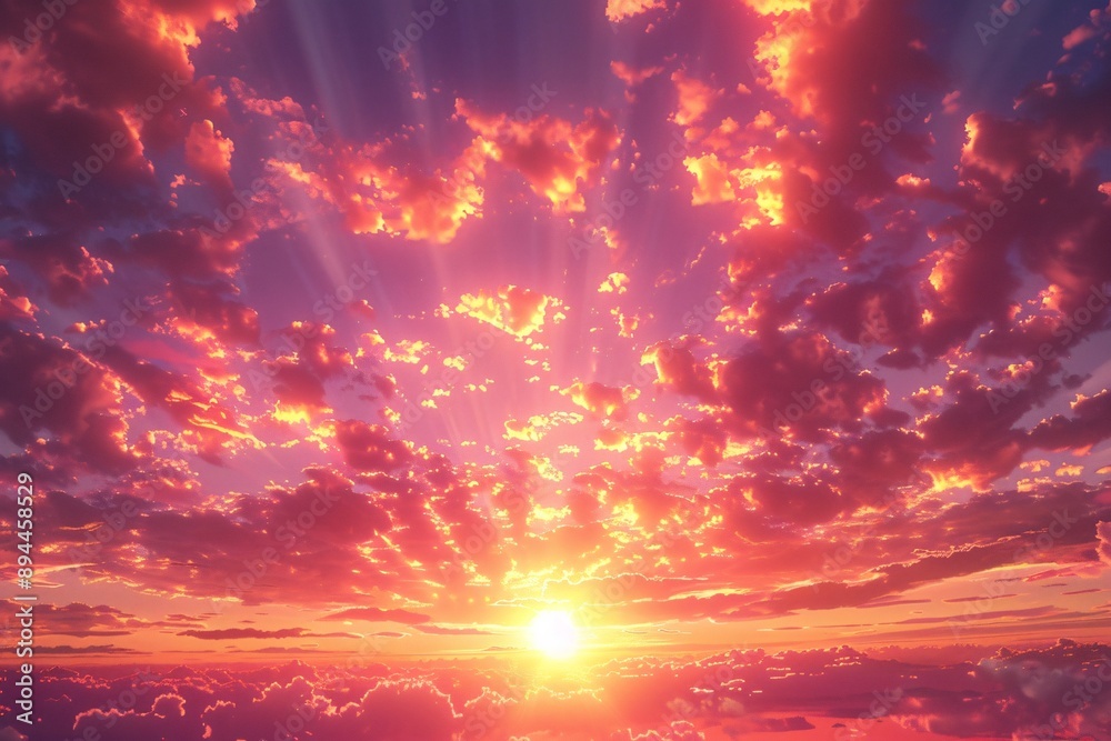 Naklejka premium Purple sky at dawn with soft clouds the first light of day breaking through captured in lively anime style with rich colors and peaceful atmosphere