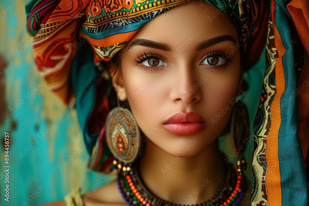 Closeup portrait of a young woman with mesmerizing eyes wearing a vibrant headscarf and ethnic jewelry Closeup portrait of a young woman with mesmerizing eyes wearing a vibrant headscarf and ethnic jewelry