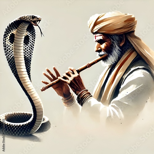 Watercolor illustration for Nag Panchami with a traditional snake charmer playing a flute and a cobra.
