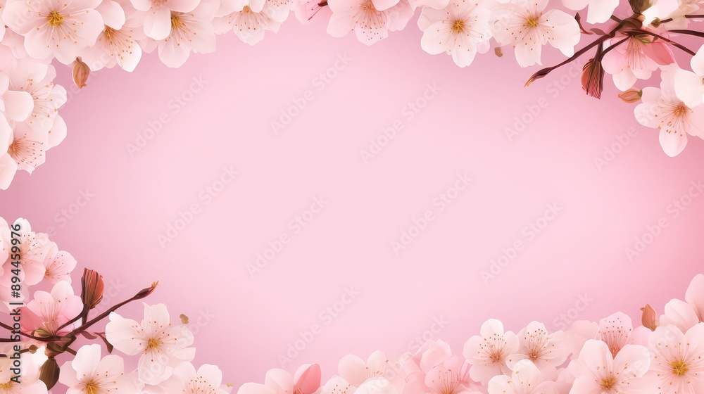 Obraz premium Frame of Sprigs Sakura Cherry Blossoms on pink background.Holiday Concept of spring, 8 march, mother day, april, may, Persian new year.
