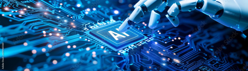 Robotic fingers touching a microprocessor with centered sans serif text Robotic fingers touching a microprocessor with centered sans serif text