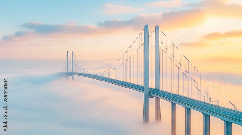 Stunning Bridge at Sunrise Over Clouds. Majestic Scenic View of a Modern Bridge Drenched in Golden Light. Breathtaking Morning Landscape with Ethereal Atmosphere Stunning Bridge at Sunrise Over Clouds. Majestic Scenic View of a Modern Bridge Drenched in Golden Light. Breathtaking Morning Landscape with Ethereal Atmosphere