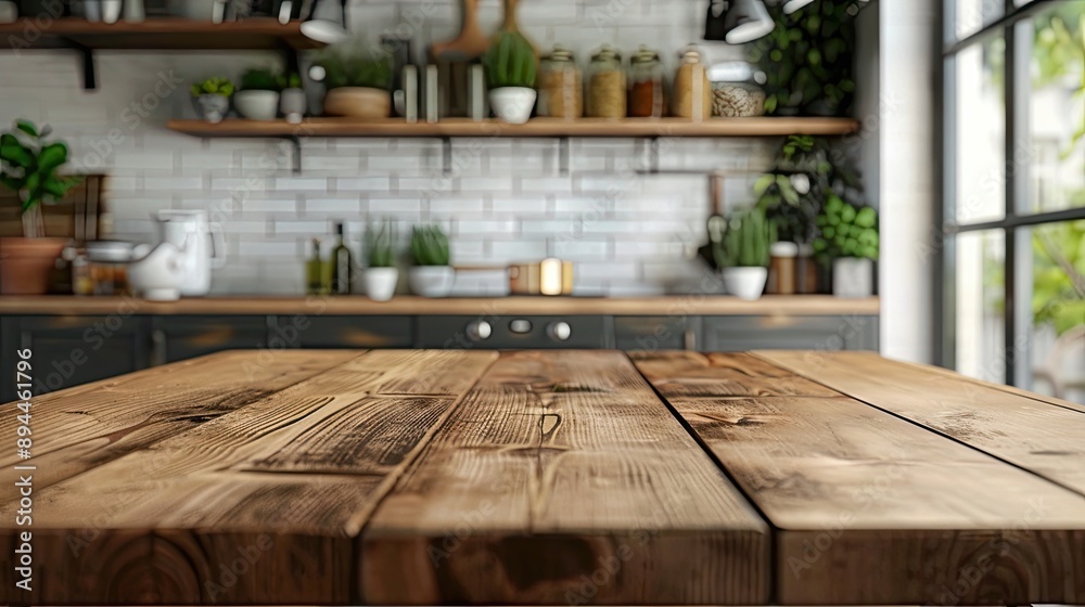 Wood table top on blur kitchen counter (room)background. mockup for you product Wood table top on blur kitchen counter (room)background. mockup for you product