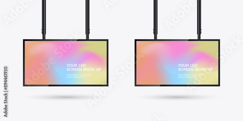 Two Hanging LED Screens Mockup in 3Ds of Realistic screen light box. set of two 3Ds LEDs vector mock up Illuminated lightbox with empty space for design