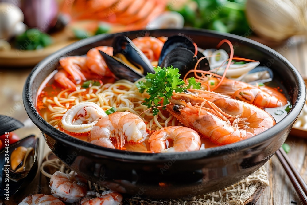 Close up of a bowl of seafood noodle soup with shrimp, mussels, and parsley Close up of a bowl of seafood noodle soup with shrimp, mussels, and parsley