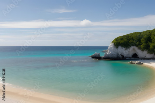 Secluded Coastal Haven: A serene beach cove nestled between towering cliffs, featuring pristine white sand, turquoise waters, and a backdrop of lush greenery. The idyllic scene evokes a sense of tranq