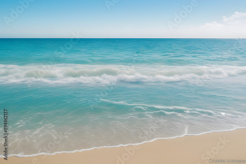 Serene Coastal Escape:  Tranquil turquoise waters gently lap the pristine white sand shore under a clear blue sky. The scene evokes a sense of peace and serenity, inviting viewers to imagine themselve photo