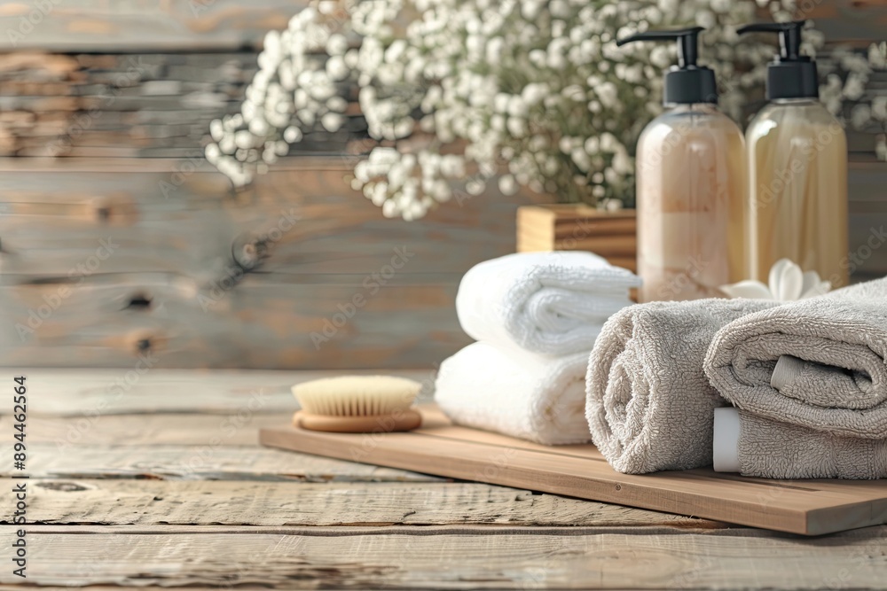 Bathroom interior with white towels, toiletries Bathroom interior with white towels, toiletries