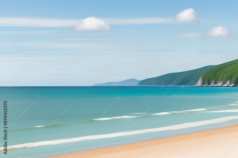Serene Coastal Landscape: A picturesque view of a tranquil beach, where the azure waters meet the golden sands, framed by lush greenery and a clear blue sky with fluffy white clouds. Perfect for evoki Serene Coastal Landscape: A picturesque view of a tranquil beach, where the azure waters meet the golden sands, framed by lush greenery and a clear blue sky with fluffy white clouds. Perfect for evoki