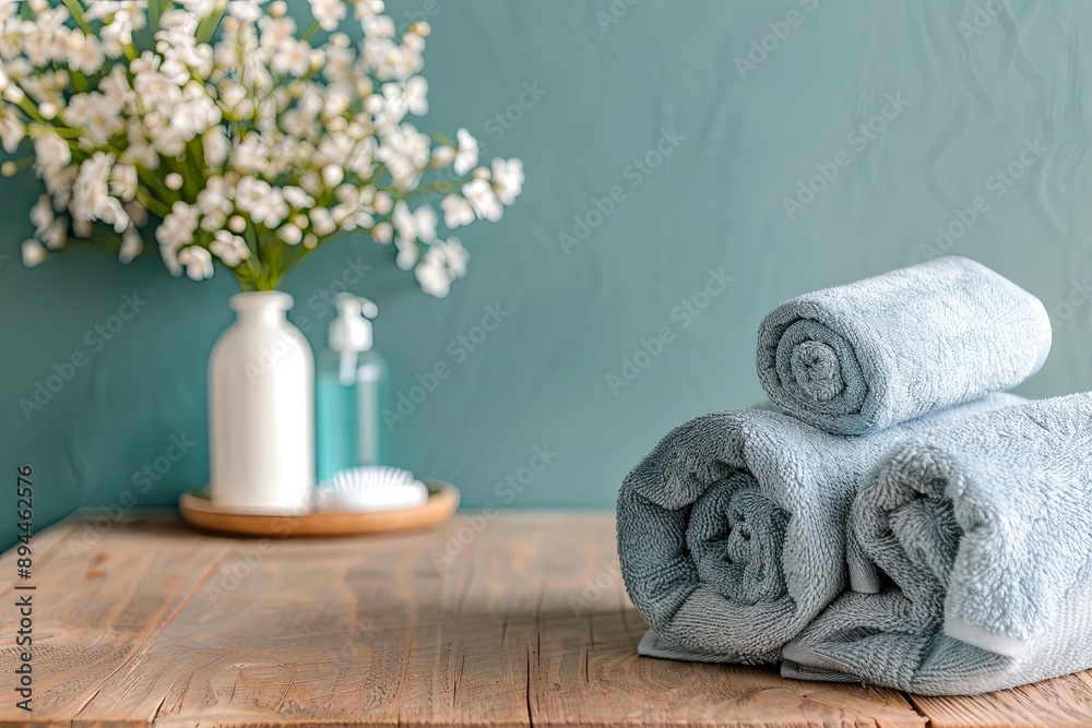 Bathroom interior with white towels, toiletries Bathroom interior with white towels, toiletries