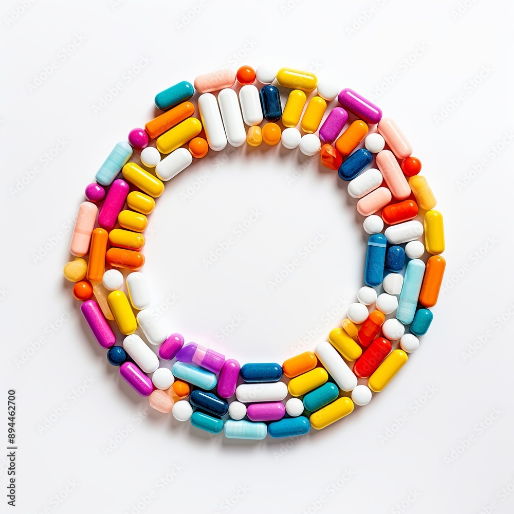 Colorful pills and capsules in a circle on white background, representing pharmaceutical drugs, vitamins, and supplements. Emphasizing medicine, healthcare, pharmacy themes. Colorful pills and capsules in a circle on white background, representing pharmaceutical drugs, vitamins, and supplements. Emphasizing medicine, healthcare, pharmacy themes.