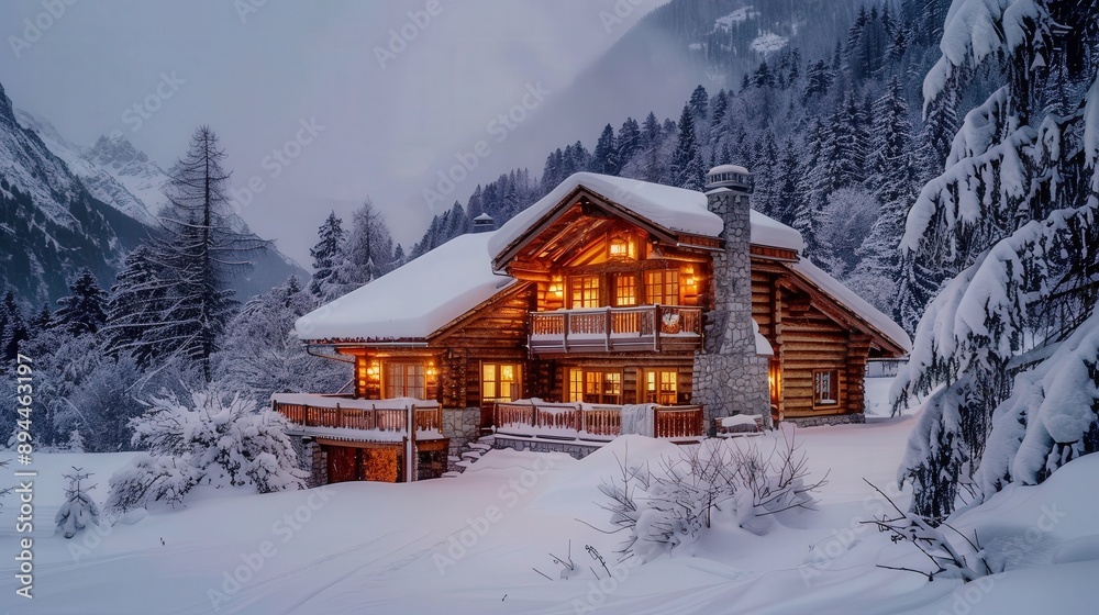 Cozy Log Cabin Nestled in Snowy Mountain Landscape with Warm Glowing Lights Cozy Log Cabin Nestled in Snowy Mountain Landscape with Warm Glowing Lights