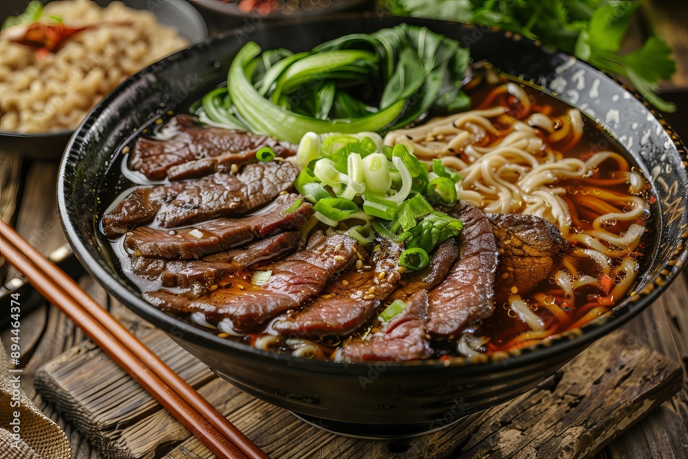 Close up of beef noodle soup with chopsticks Close up of beef noodle soup with chopsticks