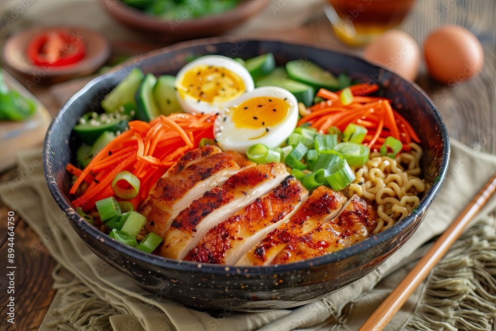 Chicken, noodle, and vegetable bowl with hard boiled eggs
