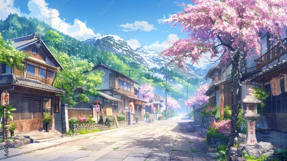 Traditional Japanese street lined with stone lanterns and wooden signs illustrated in expressive anime style with warm inviting tones and serene atmosphere Traditional Japanese street lined with stone lanterns and wooden signs illustrated in expressive anime style with warm inviting tones and serene atmosphere