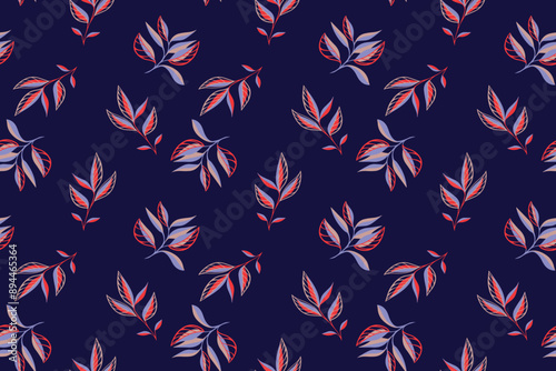 Abstract artistic tiny branches leaves pattern on a dark blue background. Vector hand drawing. Creative unique plants seamless print.Template for textiles, paper, cover, fabric