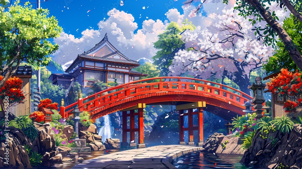 Obraz premium Traditional wooden bridge arching over a small canal in an old Japanese town captured in lively anime style with dynamic elements and vivid scenery