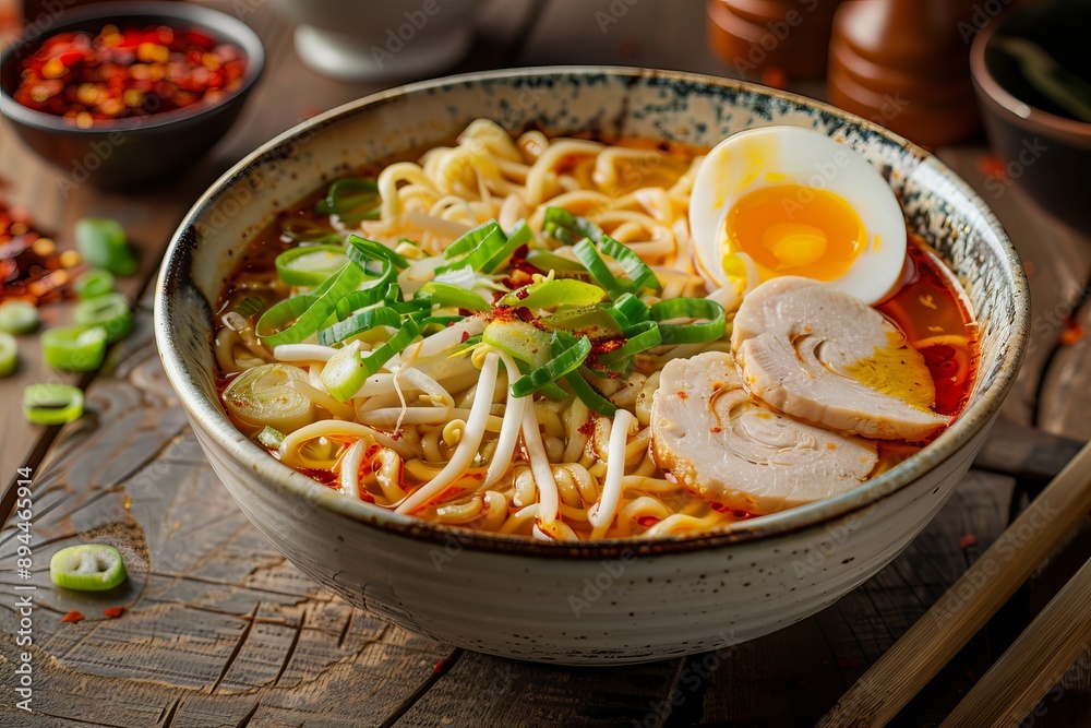Spicy chicken and egg ramen noodles with green onions and bean sprouts Spicy chicken and egg ramen noodles with green onions and bean sprouts