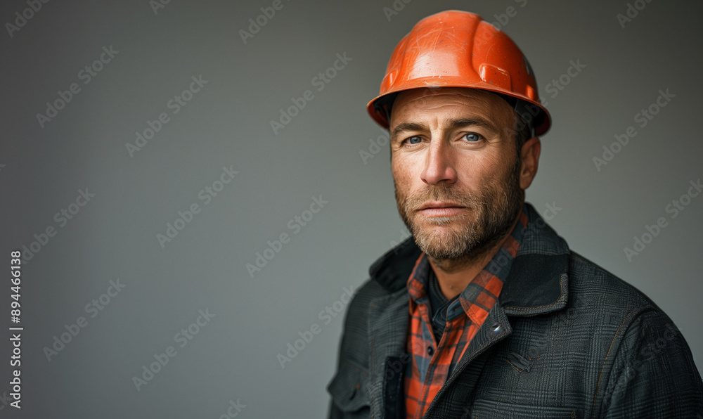 Serious construction worker in hard hat and plaid shirt Serious construction worker in hard hat and plaid shirt