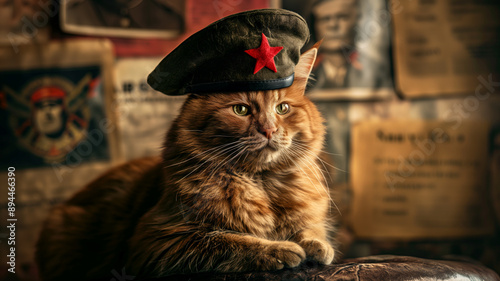 A photorealistic image of an orange cat wearing a military hat with a red star, lying in a room decorated with vintage communist memorabilia