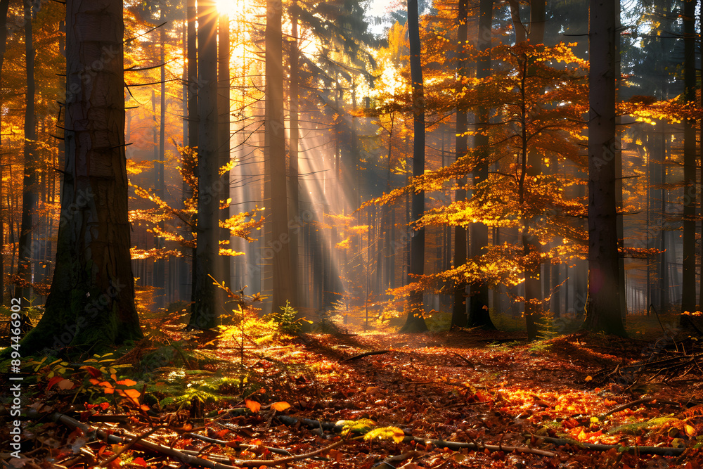 Fototapeta premium Serene forest scene with sunlight filtering through autumn leaves.
