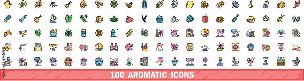 Fototapeta premium 100 aromatic icons set. Color line set of aromatic vector icons thin line color flat on white