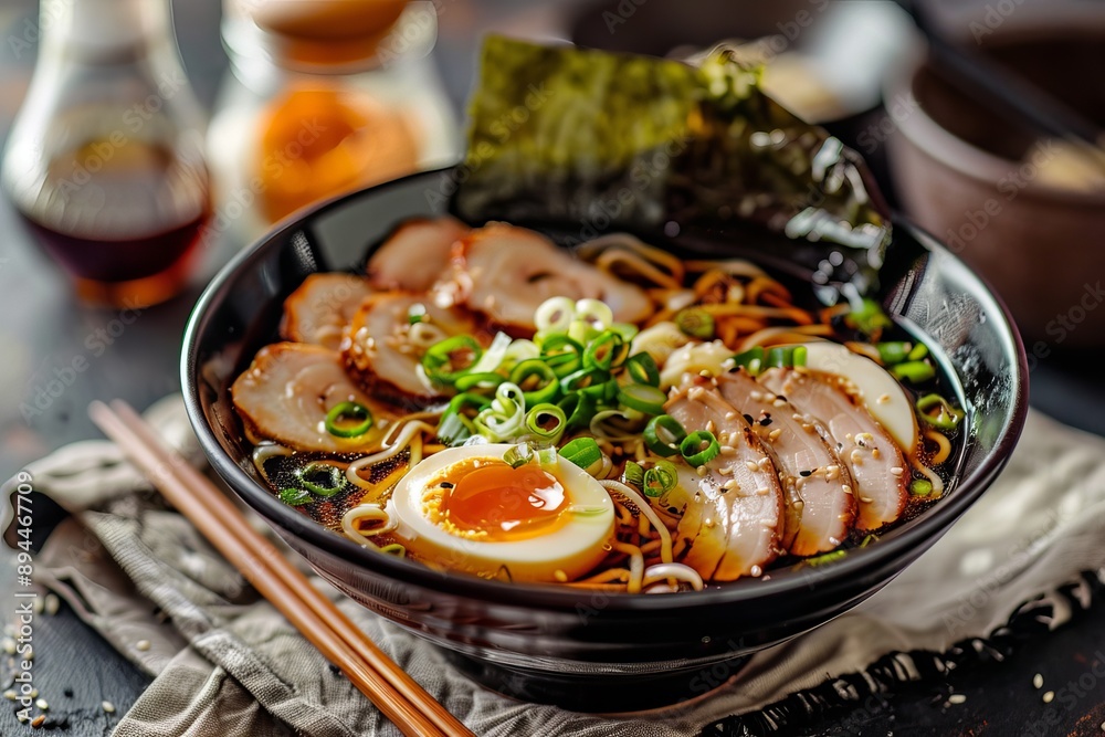 Close up of a bowl of ramen with pork, egg, and seaweed Close up of a bowl of ramen with pork, egg, and seaweed