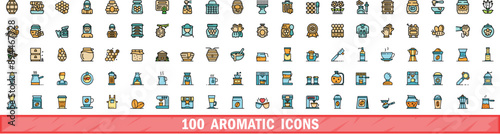 100 aromatic icons set. Color line set of aromatic vector icons thin line color flat on white