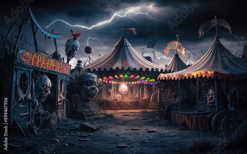 A spooky, abandoned carnival with creepy clowns and broken-down rides , Halloween