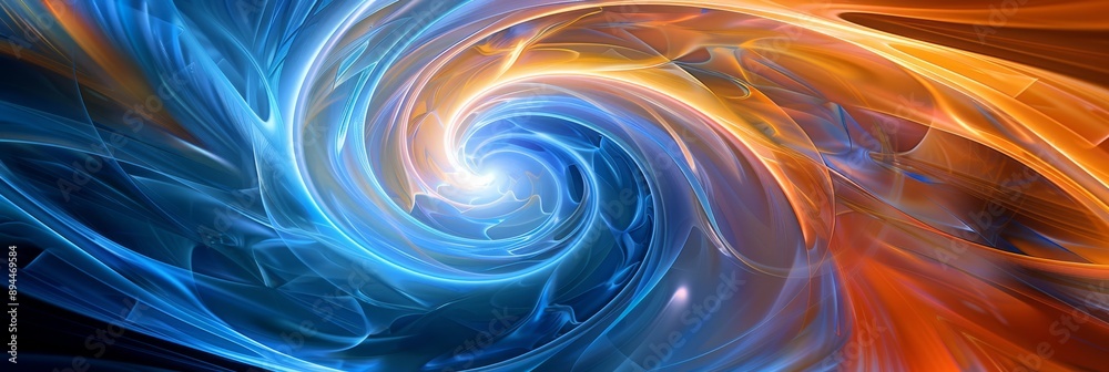 A vibrant swirl of abstract colors and shapes, combining fiery oranges and cool blues in digital art.