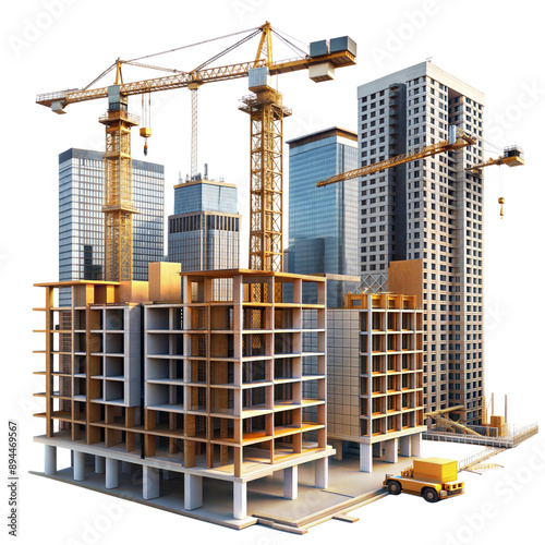 Construction site with cranes and unfinished buildings showing active development