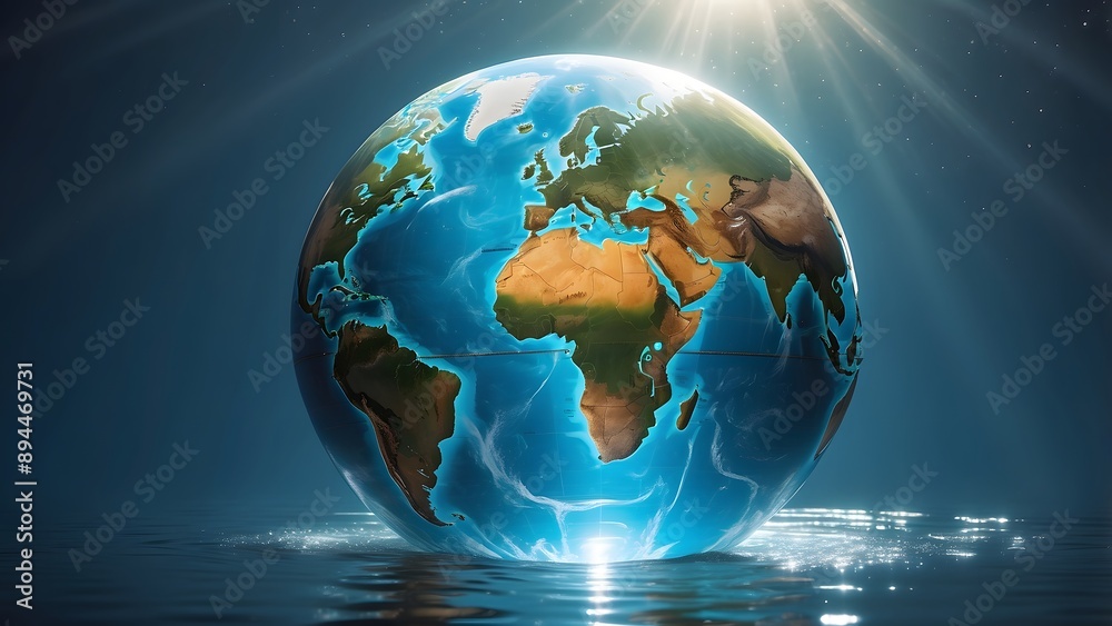 Obraz premium World population day, a dynamic glowing world globe placed on water, sunny day, save earth, global warming