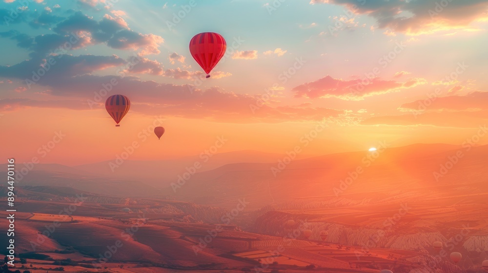 Fototapeta premium Colorful hot air balloons flying over the mountains
